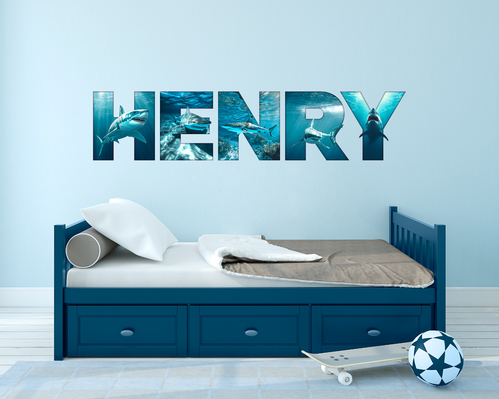 Custom Shark Name Wall Decal Sticker for Kids Bed Room, Boys Great White Decor