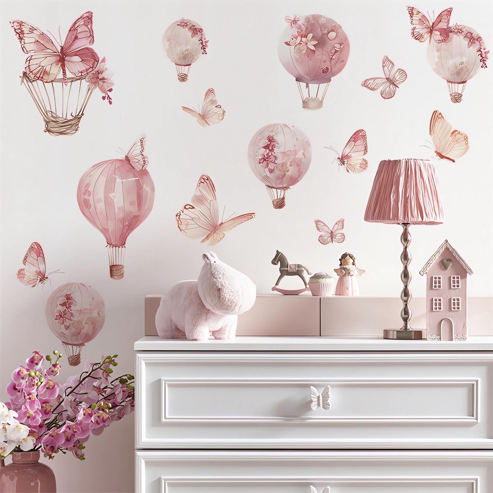 Pink Butterfly Hot Air Balloon Large Wall Stickers, sacinora DIY Art Wall Dec…