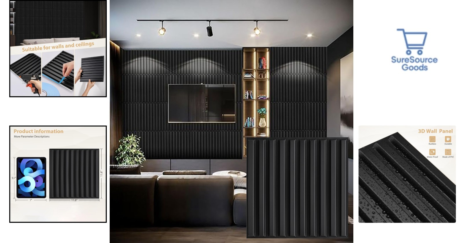 Waterproof 3D Wall Panels 30 Pack Black PVC for Home Office Décor 11.8"x11.8"