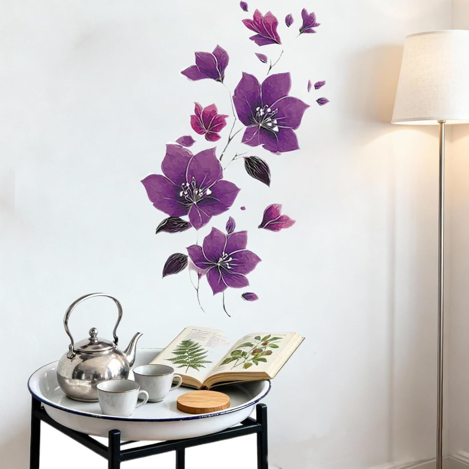 Flower Wall Stickers, Blue Peony & Purple Roses Mural for Room Decor