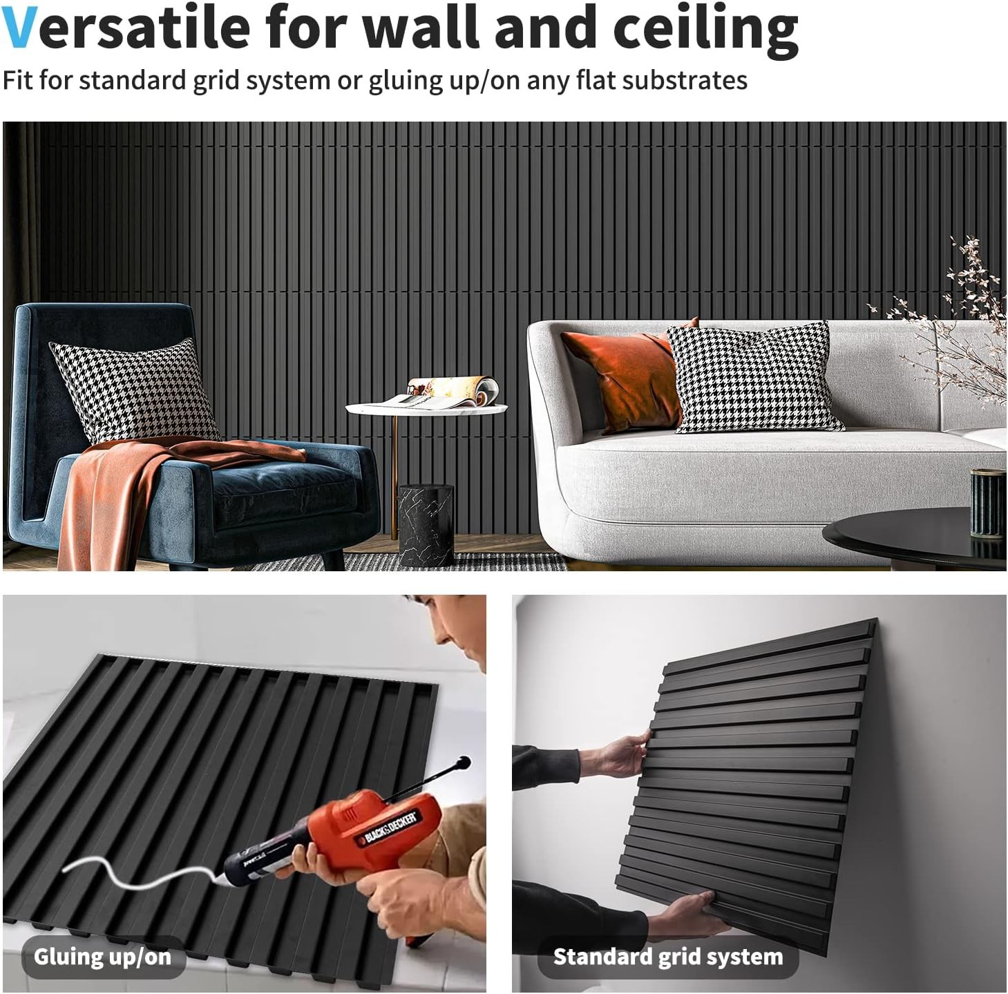 Versatile Black PVC 3D Slat Wall Panel Pack – 12 Tiles, 32 Sq.Ft. Coverage