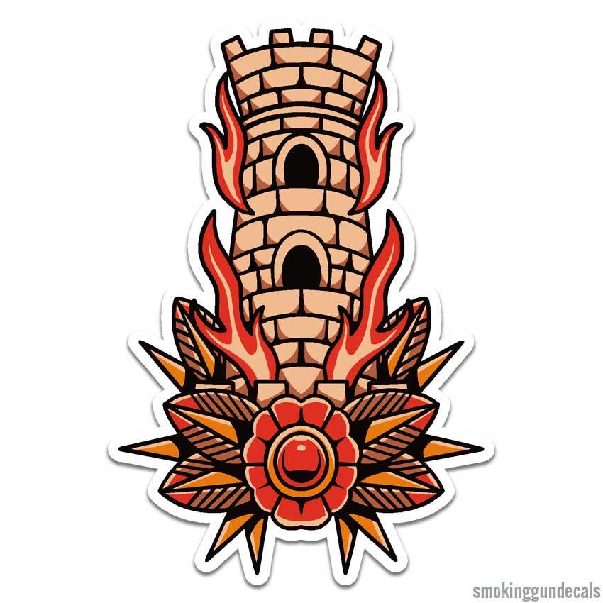 Flaming Castle Tower, Vinyl Decal Sticker, Indoor Outdoor, 3 Sizes, #12638