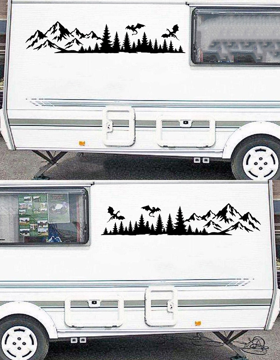 Mirrored Dragon Forest Mountain Vinyl Decal Pair RV Truck Camper Graphics V4