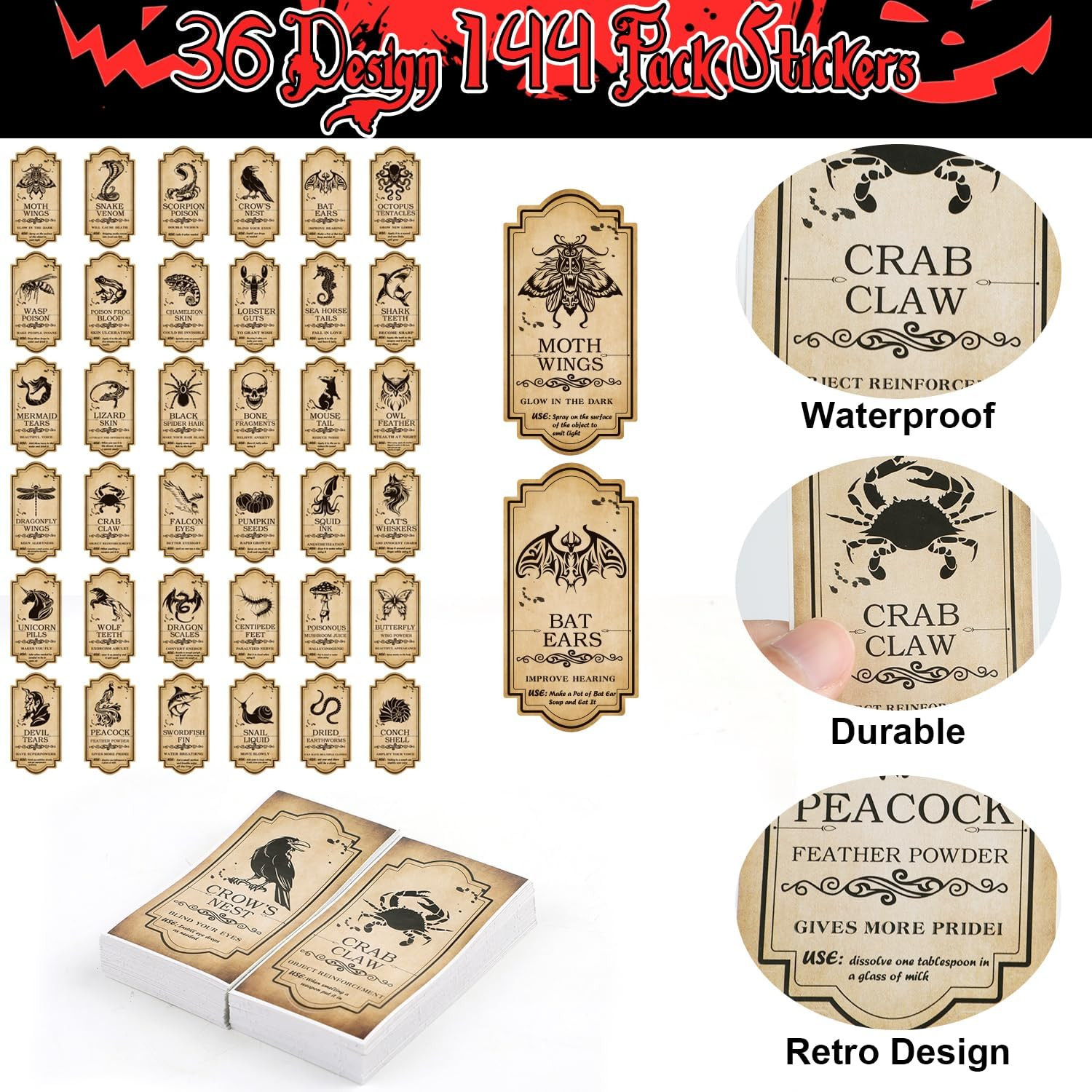 Apothecary Bottle Labels, 144Pcs Halloween Potion Bottles Décor Creepy Poison St