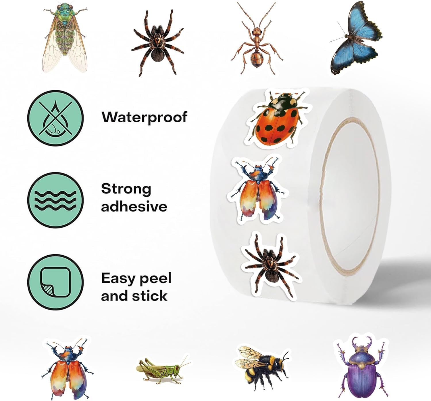 500PCS Bug Stickers 10 Styles Sticker Rolls Cartoon Insect Stickers Bug Party Fa