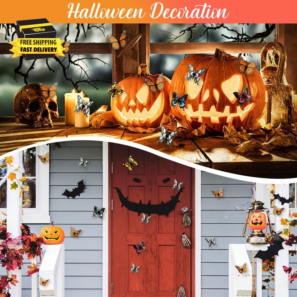 Monarch Butterfly Decorations, 3D Halloween Butterfly Wall Decor, 12Pcs Orange F