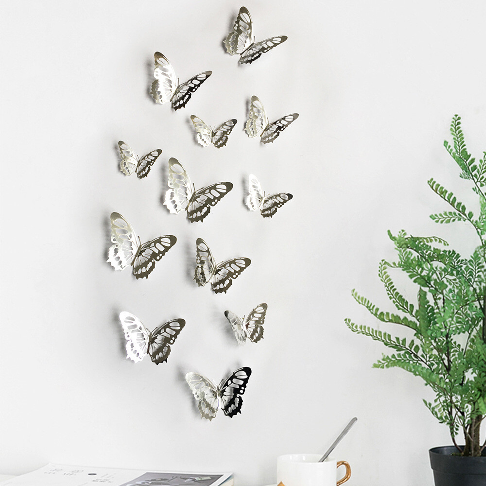 12 pcs 3d cute silver butterfly wall decor, party, wedding, diy