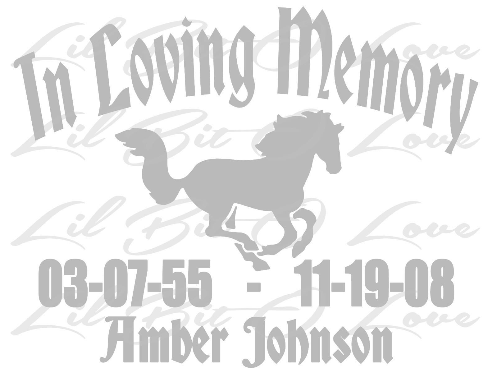 PERSONALIZED IN LOVING MEMORY VINYL DECAL WITH HORSE WITH NAMES AND DATES