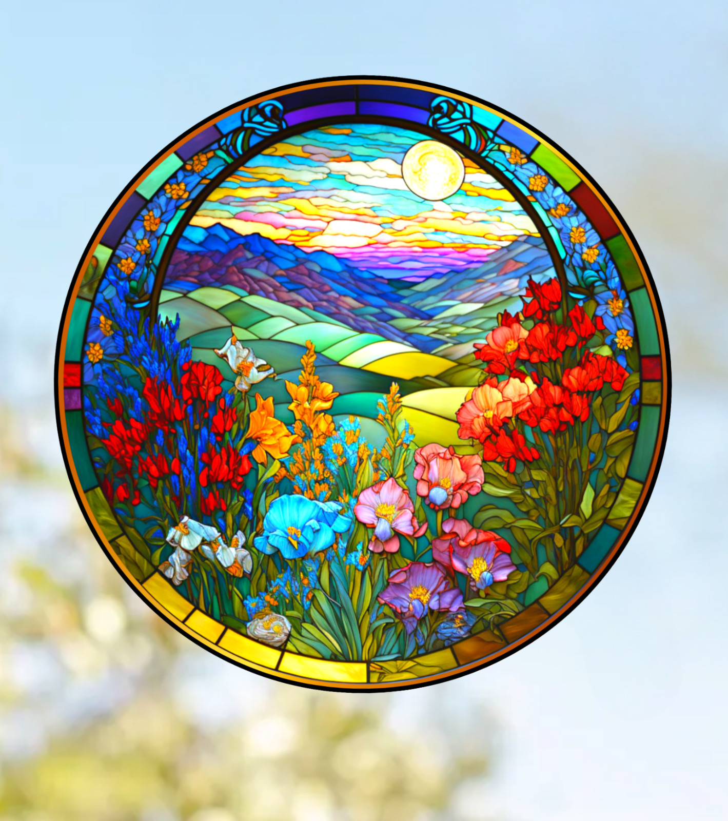 Wildflowers Faux Stained-Glass WINDOW CLING Size 8" Round Vinyl