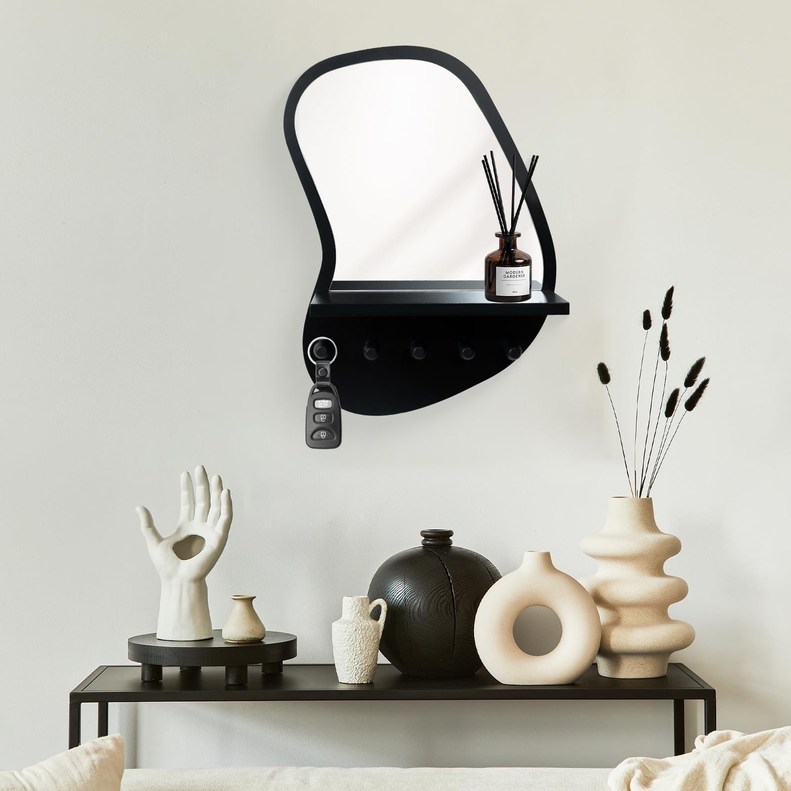 SANY DAYO HOME Wall Mount Wood Frame Irregular Mirror with 5 Wooden Hooks and…