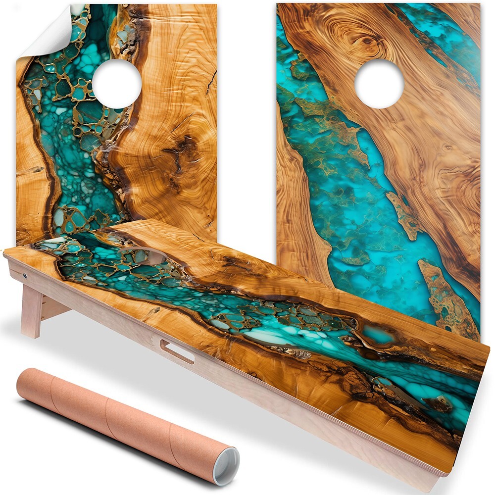 Wood Turquoise Epoxy Cornhole Wraps Stickers Cornhole Skins Cornhole Wraps for B