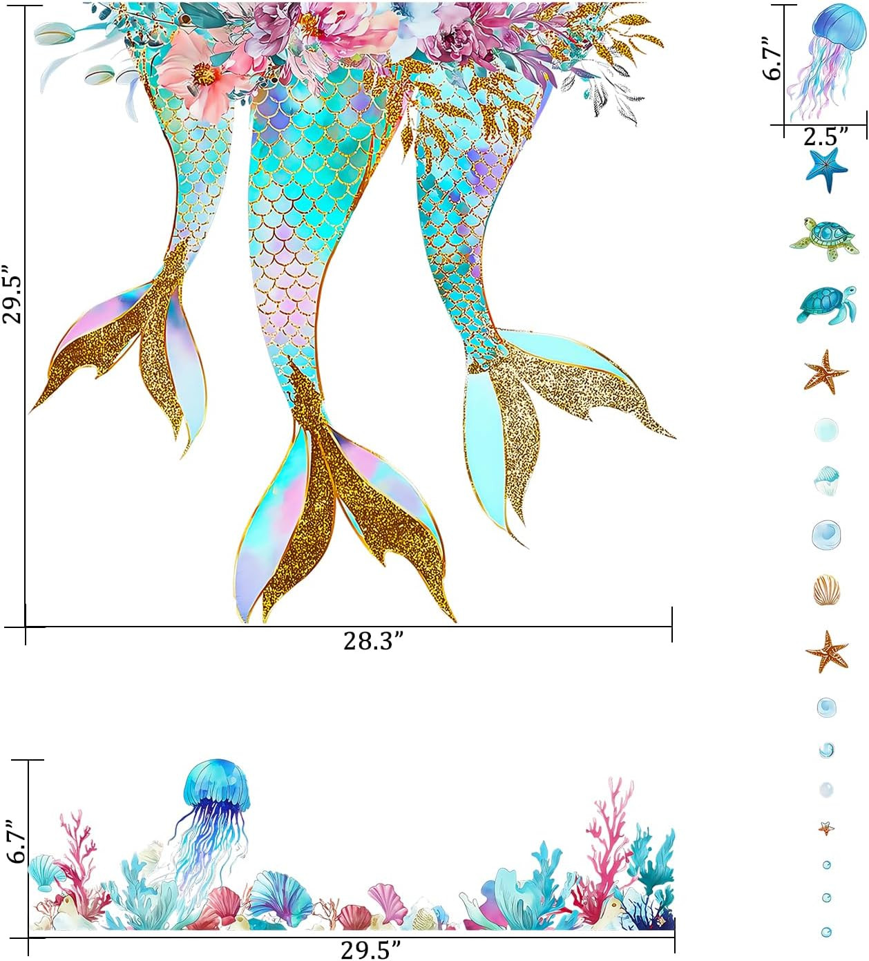 Mermaid Ocean Jellyfish Starfish Nursery Wall Decals – Removable Peel and Stick