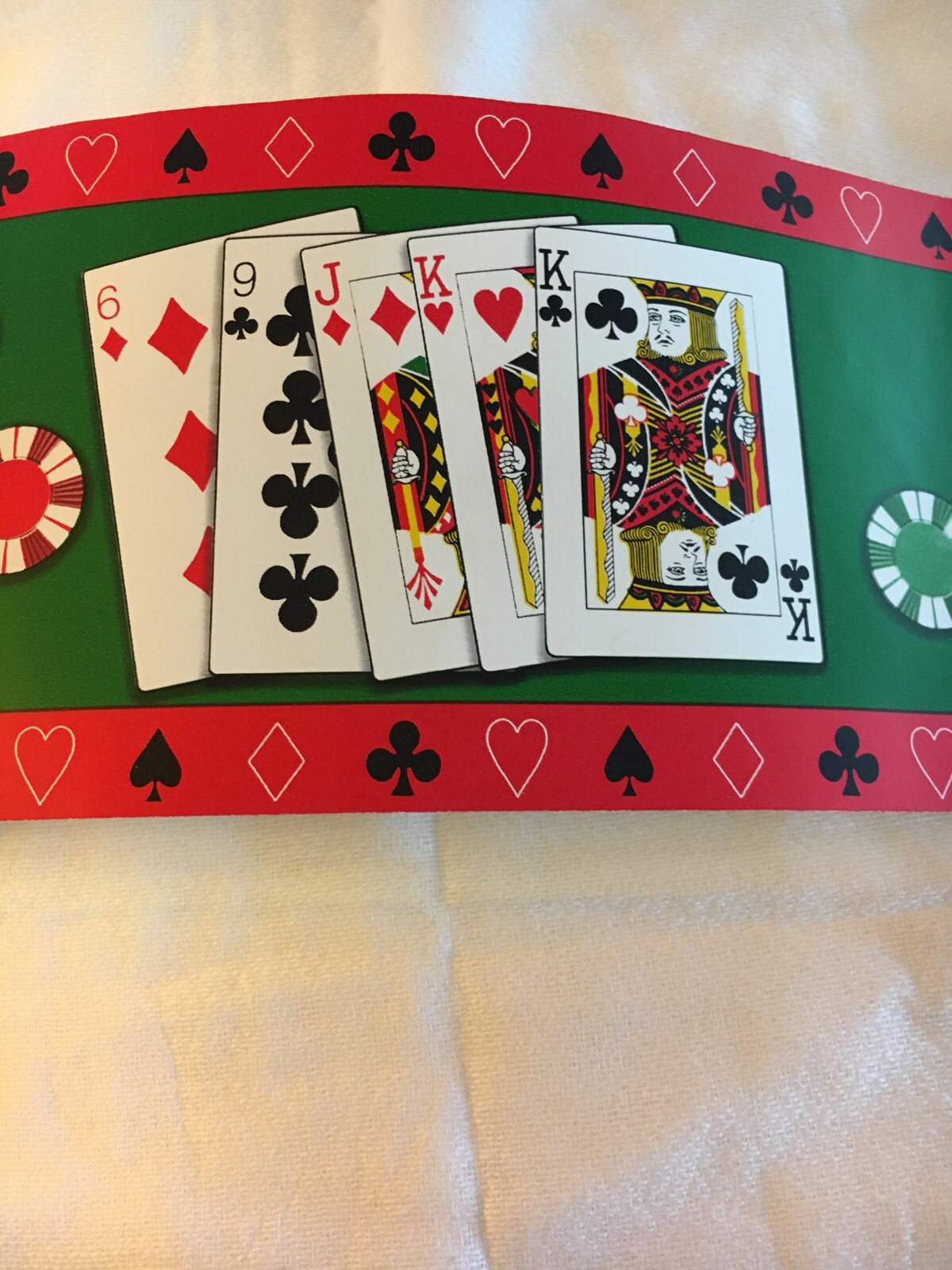 CASINO, POKER ,ROYAL FLUSH GAMBLING, POKER CHIPS RED WALLPAPER BORDER. NEW!