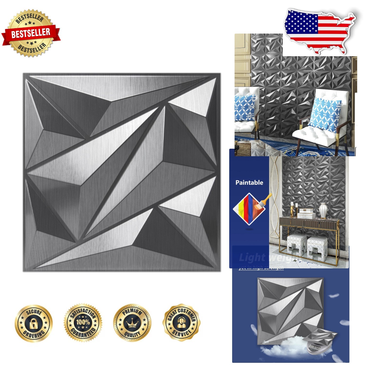Luxury 3D Diamond Wall Panels 33pk Silver – Waterproof Commercial Grade PVC