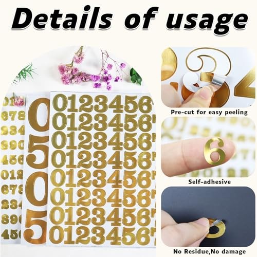 1040 Pieces Small Number Stickers, 1/2",1",2" Waterproof Vinyl Self Gold