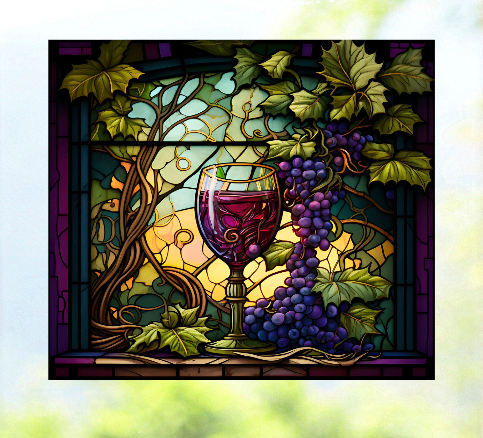 Wine, Grapes 7 Vines Faux Stained-Glass WINDOW CLING Sun-catcher Size 9.1" Vinyl