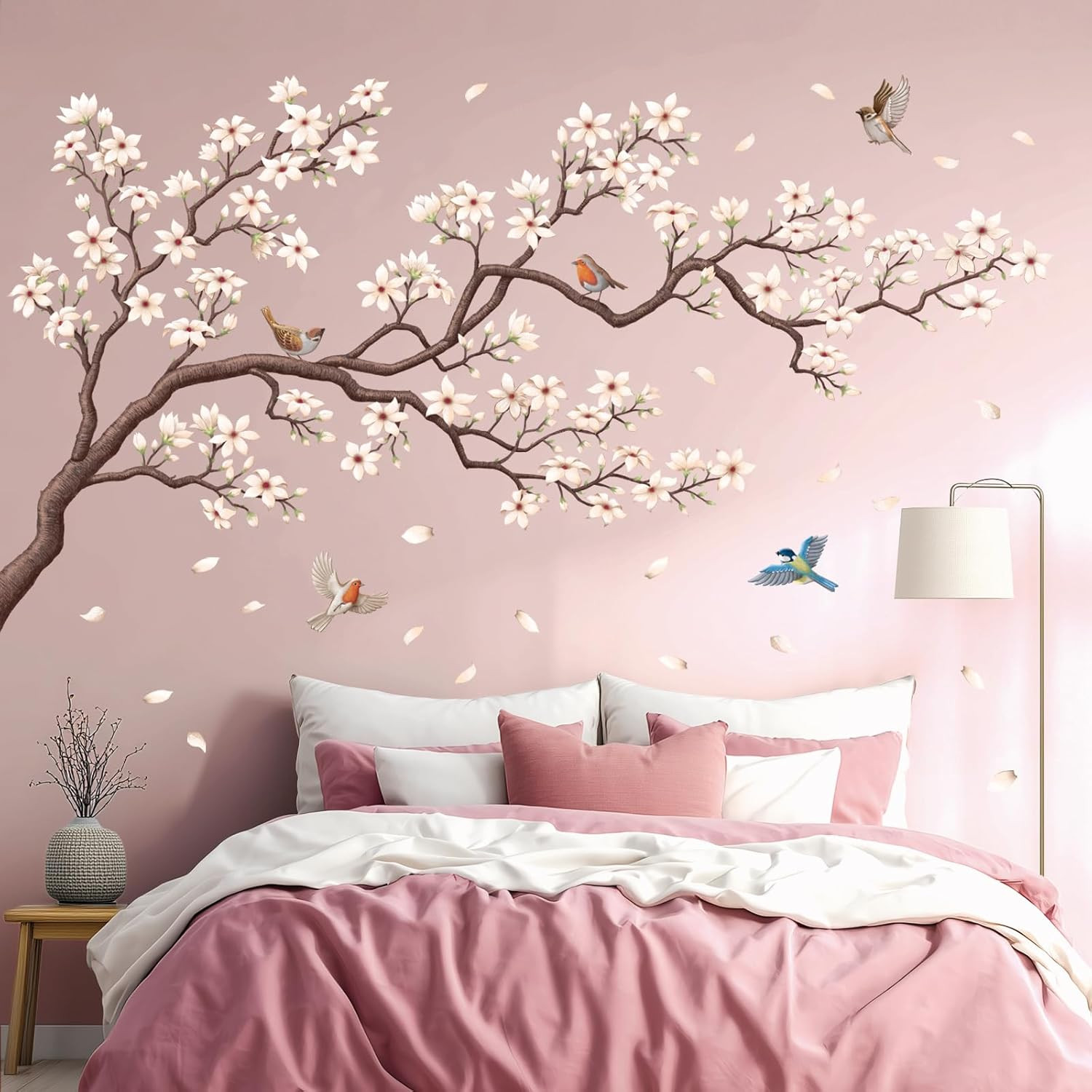 Oriental Flower Tree Wall Stickers Decals White Cherry Blossom Peel and Stick Be