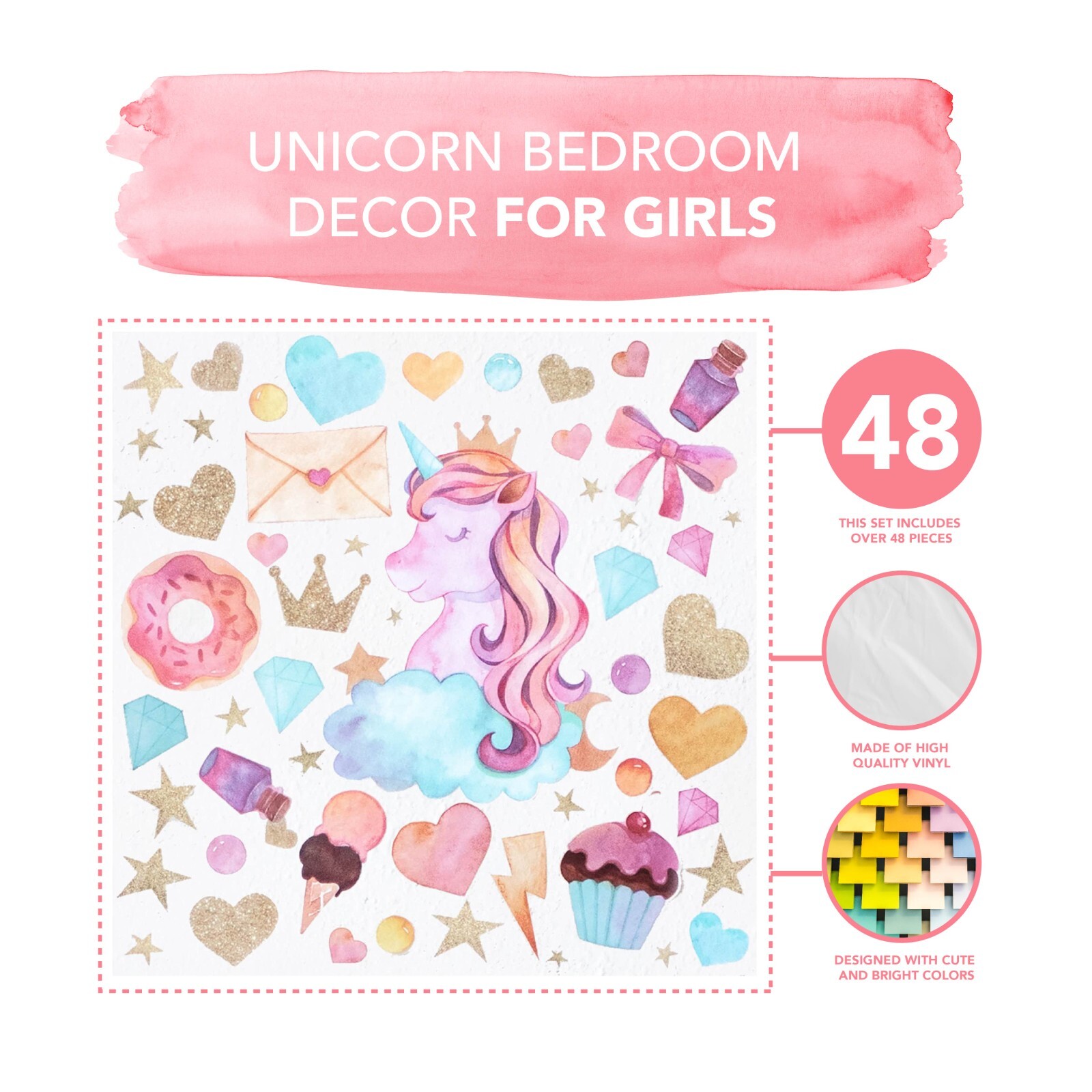Unicorn Wall Art Decals Gift Girls Kids Room Décor Stickers Bedroom 48pc