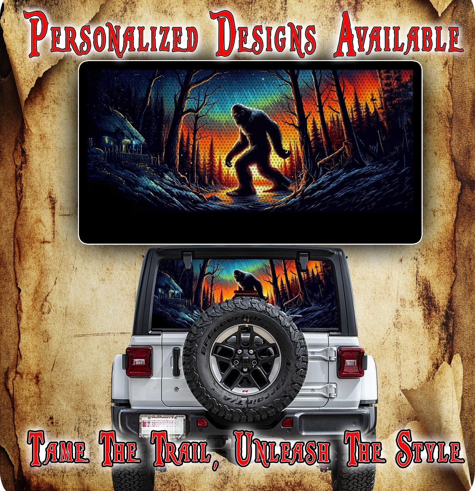 Bigfoot waling in the woods rear window decal