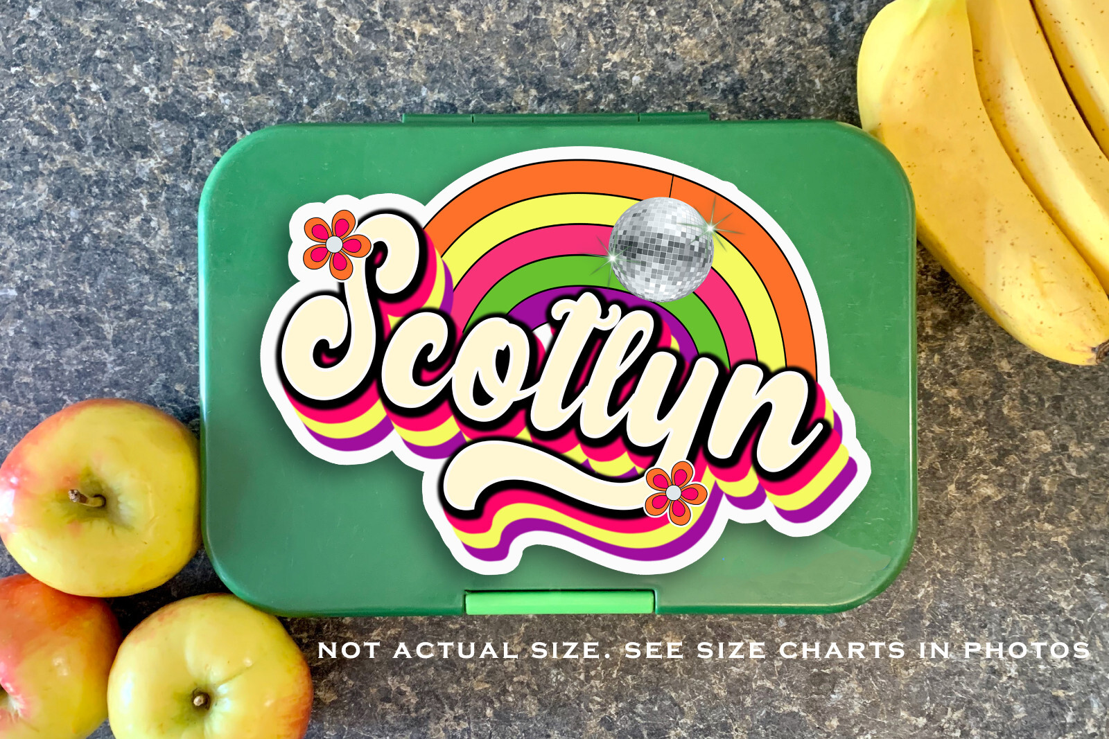 Custom Name Sticker, Personalized Decal, Retro Hippie, Groovy Rainbow Disco Ball