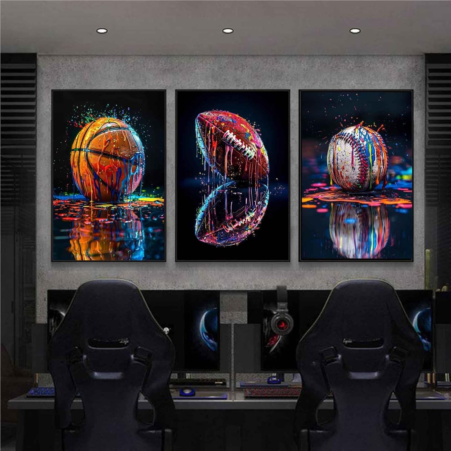 3Pcs Graffiti Sports Canvas Wall Art Boys Room Rustic Football Baseball Rugby…