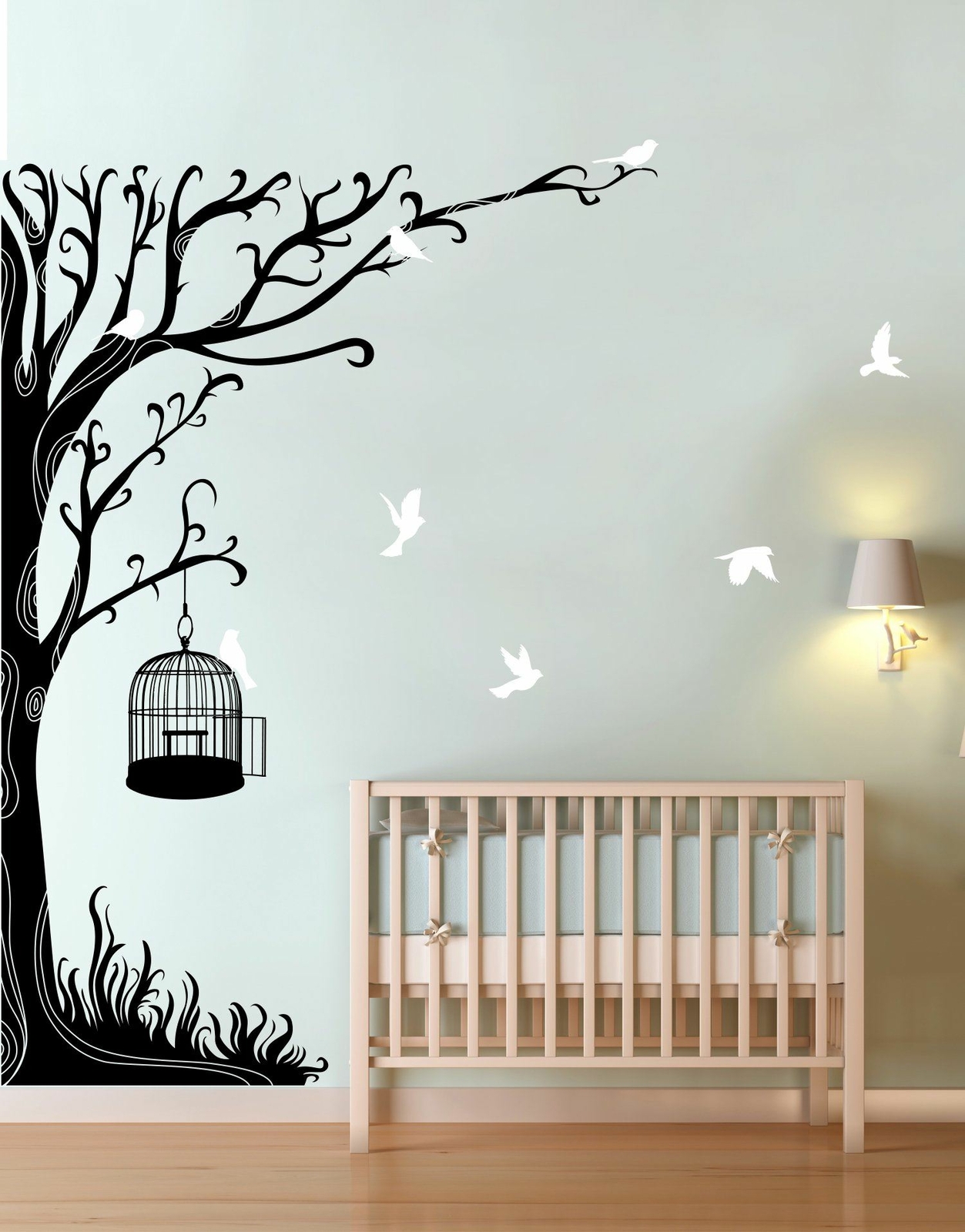 Swirly Tree with Bird Cage Wall Decal Sticker. #6148