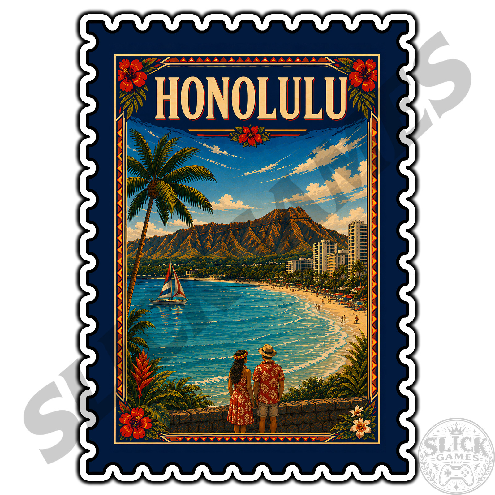 Honolulu Hawaii Travel Postage Stamp Sticker #1 Waterproof Vinyl Decal Die-Cut