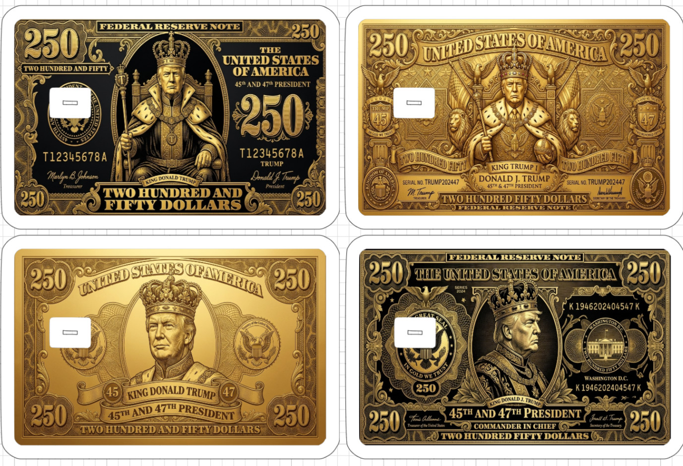 King Donald Trump 250 Dollar Bill Credit ATM Debit Gift Card Skin Sticker Gold