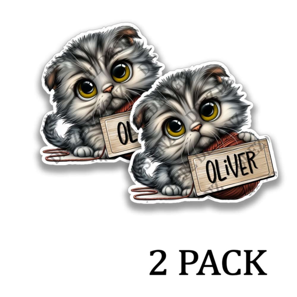 Oliver the Gray Tabby Kitten Stickers Cats Decals (PERSONALIZE!) -2 Pack