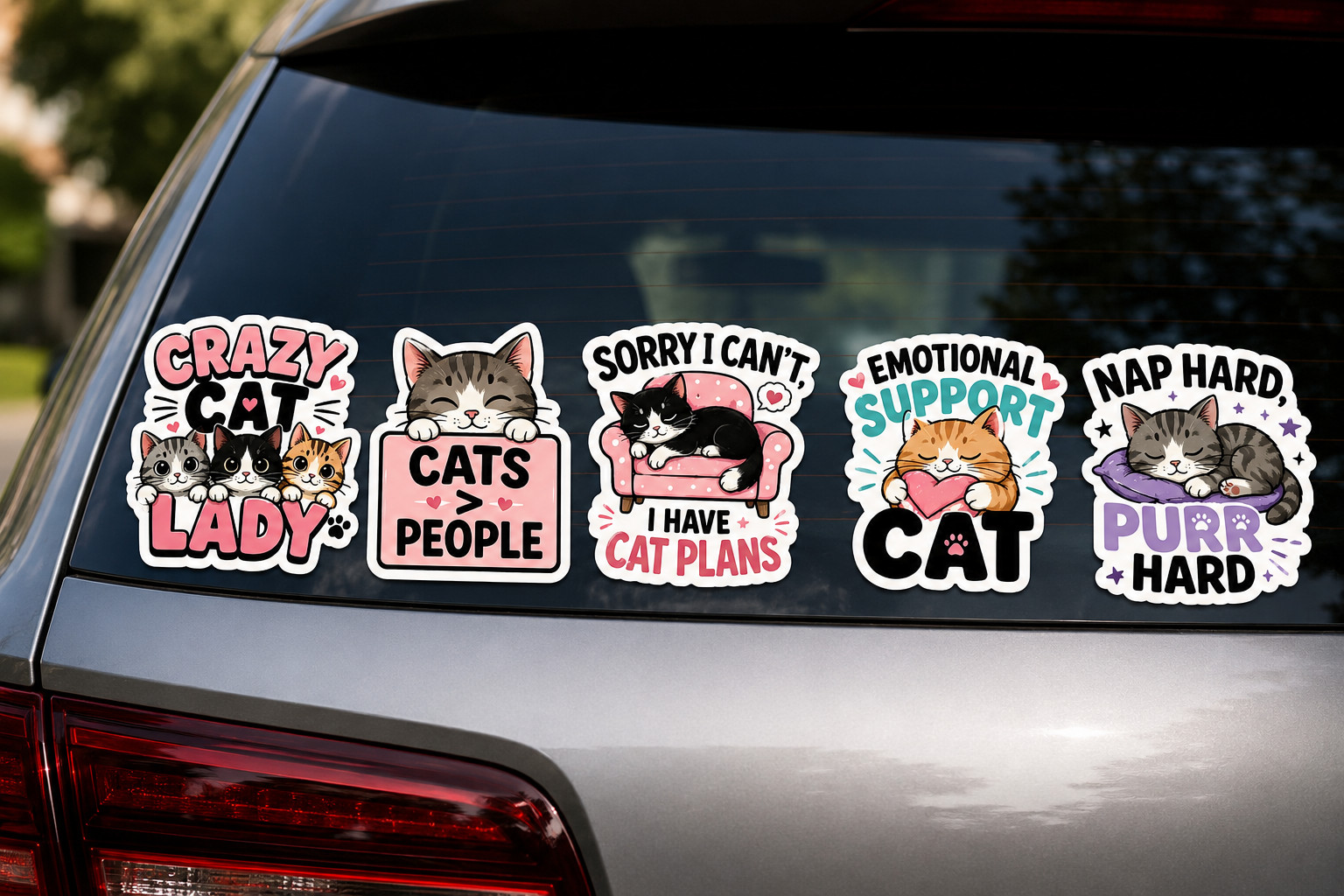Cat Sticker 5-Pack Cute Funny Vinyl Decals Crazy Cat Lady Emotional Support Cat