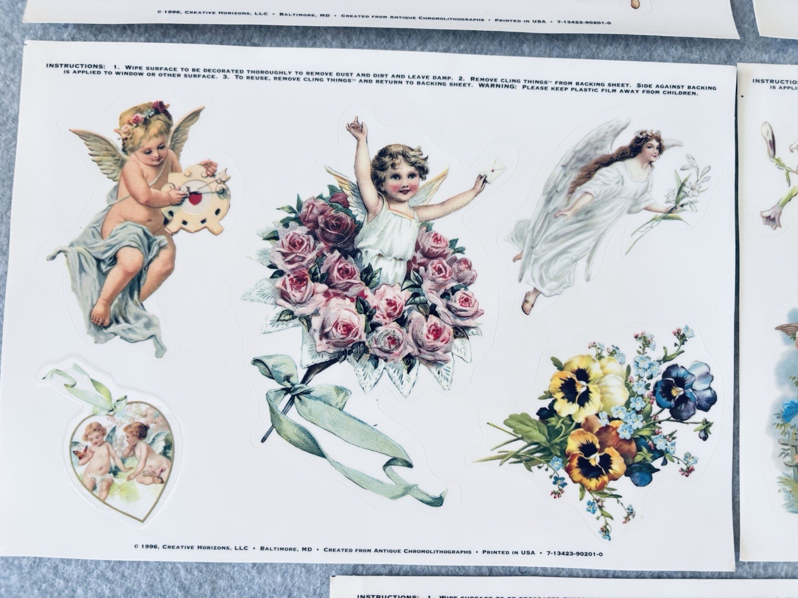 5 Sheet Window Decals Static Cling 1996 Creative Horizons Angels Cherubs Vintage