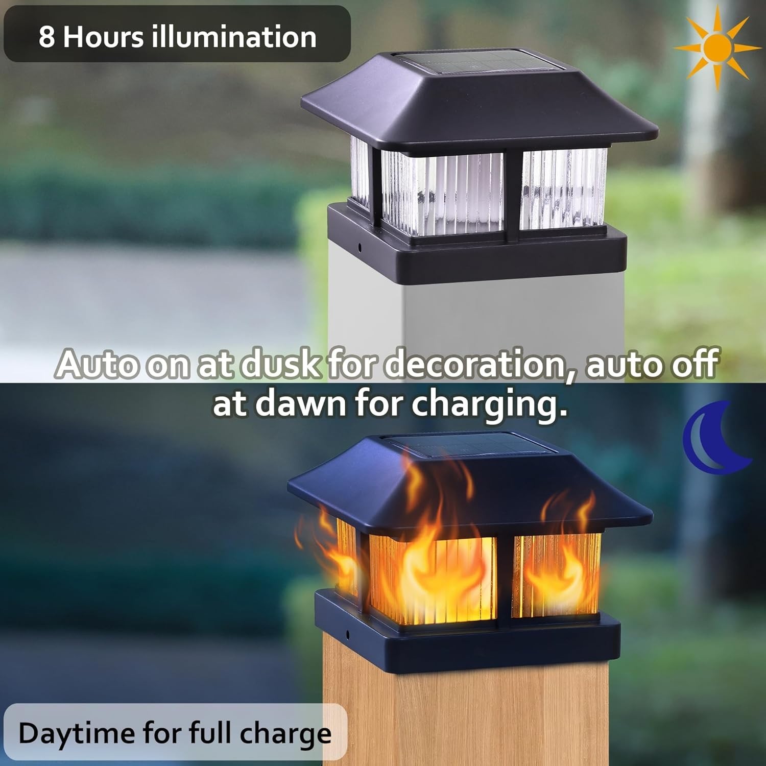 Solar Flame Post Cap Lights Outdoor, Solar Powered Fence Post Light, Flickering