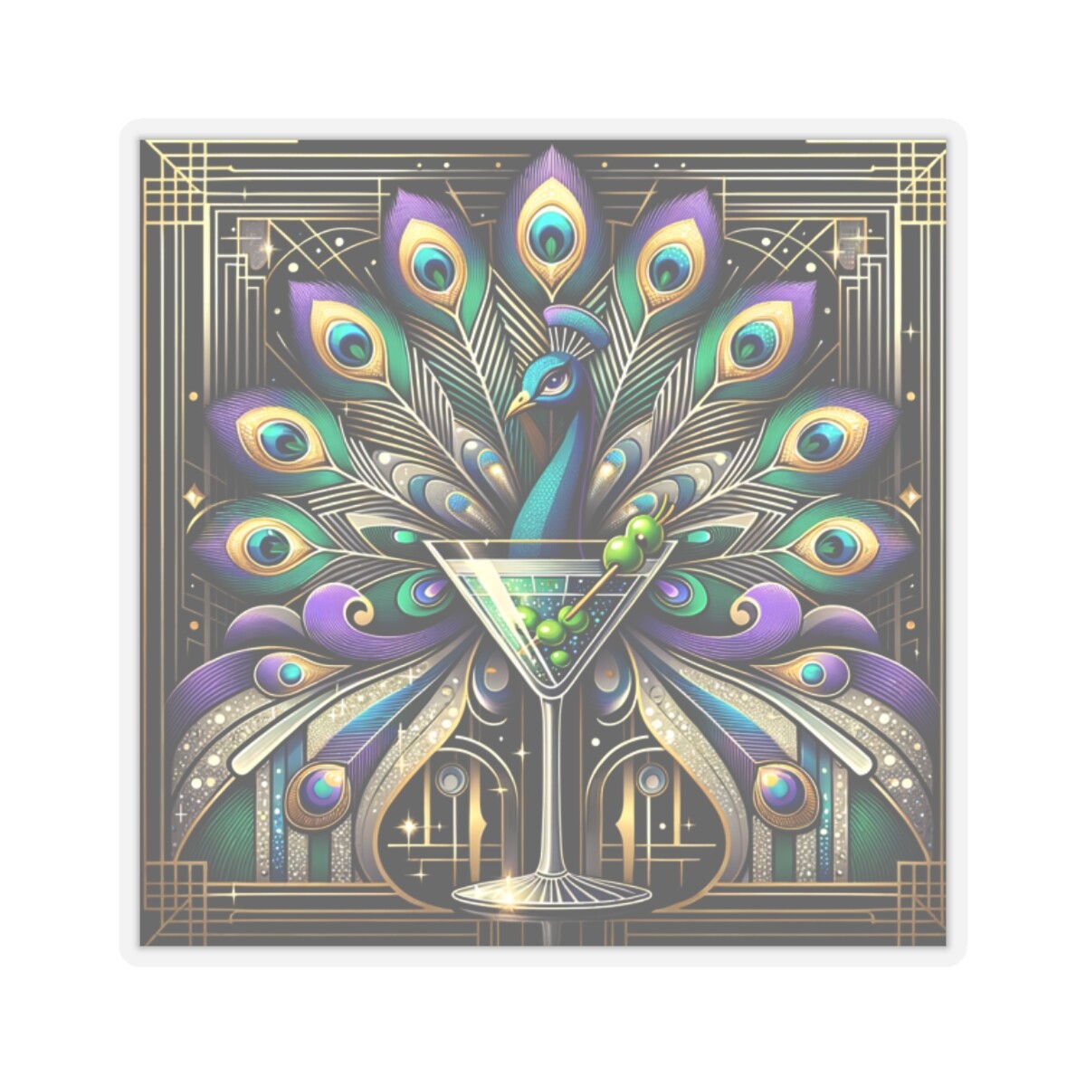 Sticker Vibrant Art Deco Peacock Martini Glass Illustration 2×2" 3×3" 4×4" 6×6"