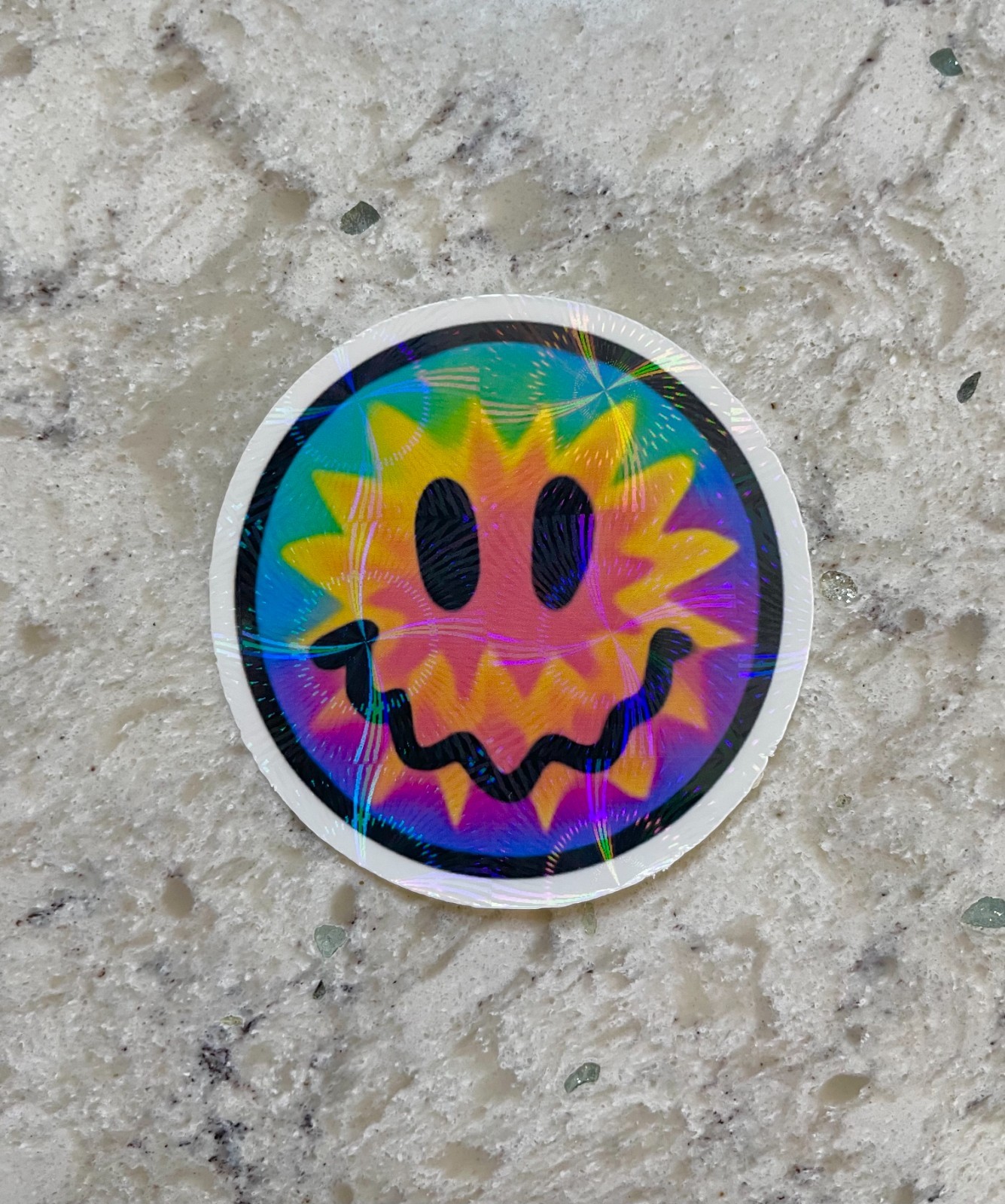 Bursting Sun Trippy Smiley Face Sticker l Gloss or Holographic l Waterproof