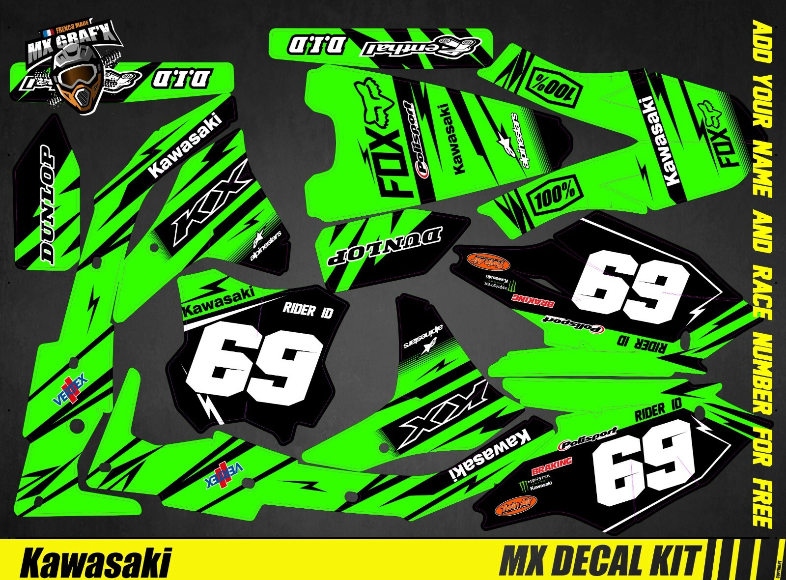 Motorcycle Decal Kit For Kawasaki KXF – Green Blitz