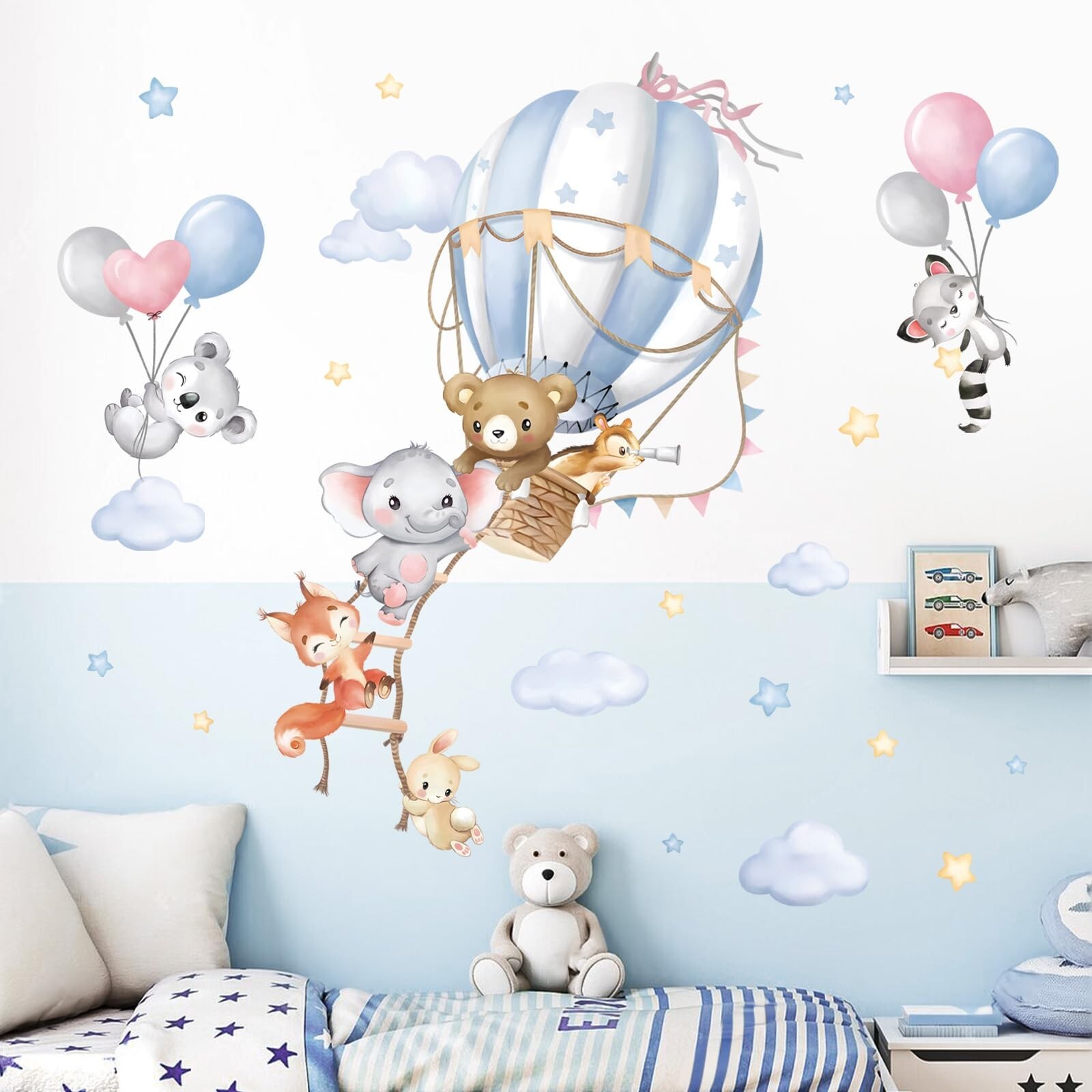 wondever Large Hot Air Balloon Animals Wall Decals Bear Elephant Fox Peel and…
