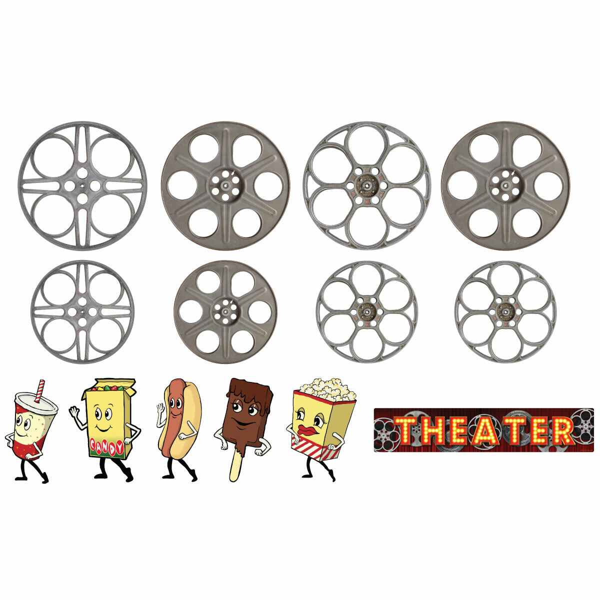 Home Theater Horizontal Snacks & Film Reels Wall Decal Set Vintage Style Decor