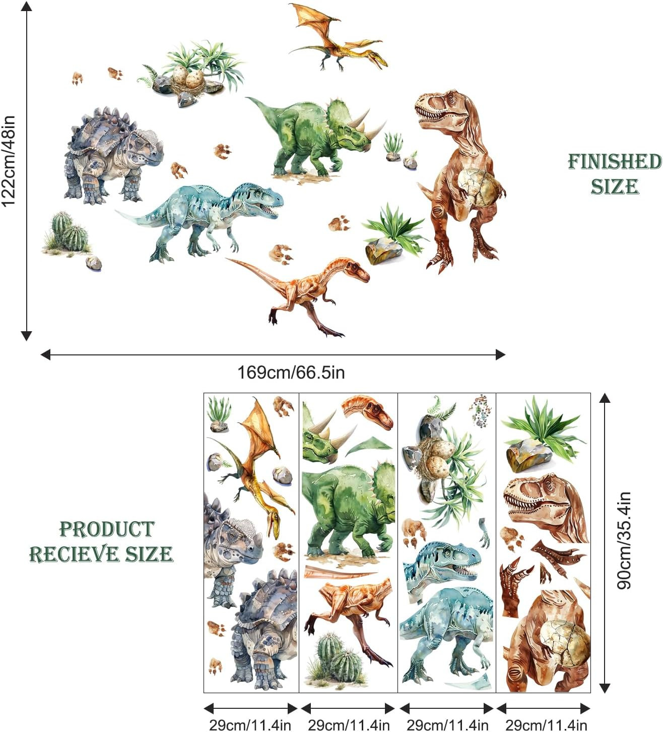 Dinosaur Wall Decals, Large Dino Wall Stickers Volcano Tropical Plants Cactus Pe