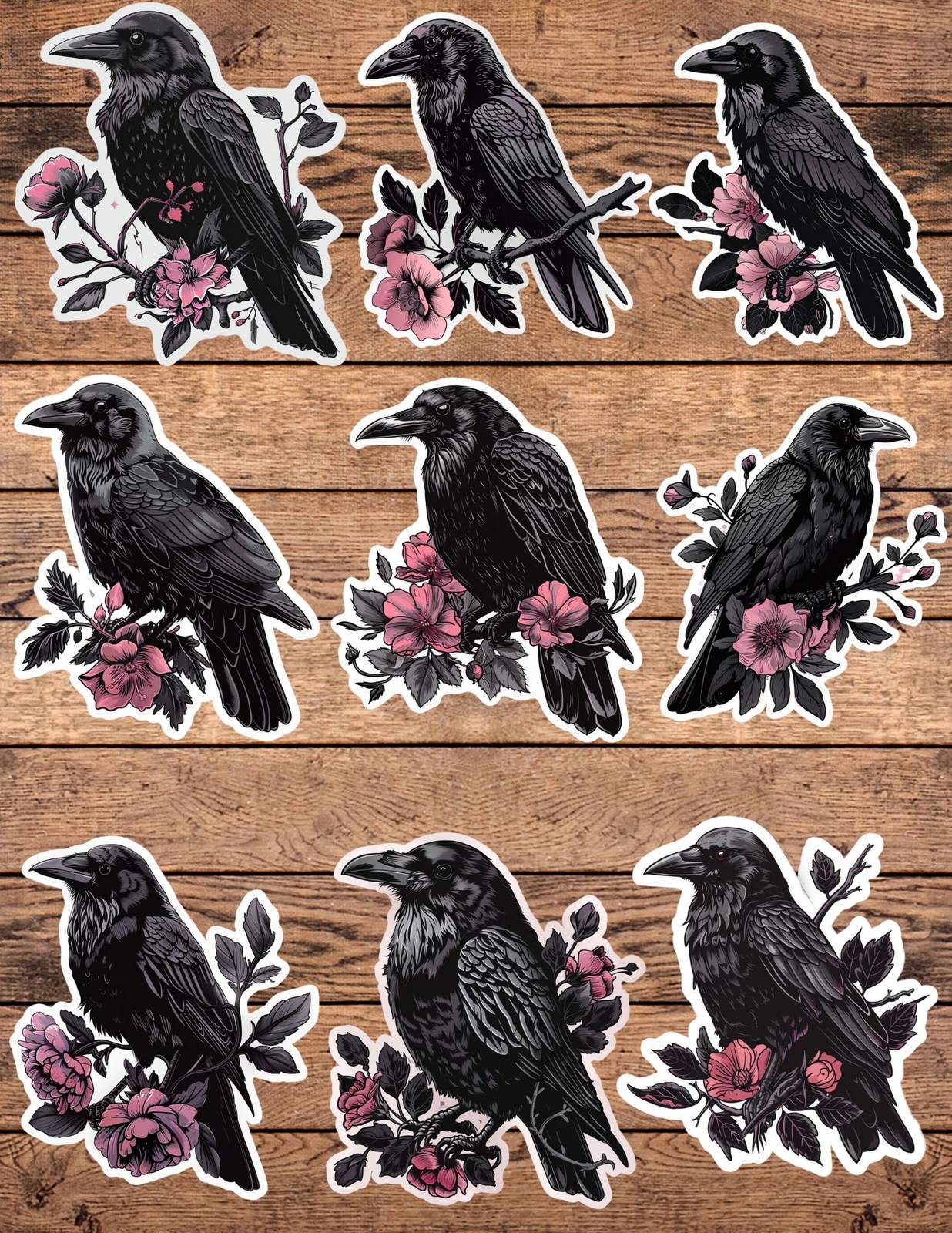 Floral Black Bird Die Cut Stickers Set Laptop Sticker WaterBottle Sticker