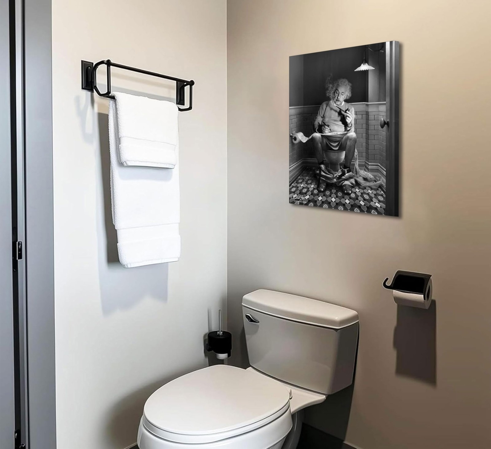 Funny Bathroom Canvas Wall Art Reading Newspaper On Toilet Picture Black and …