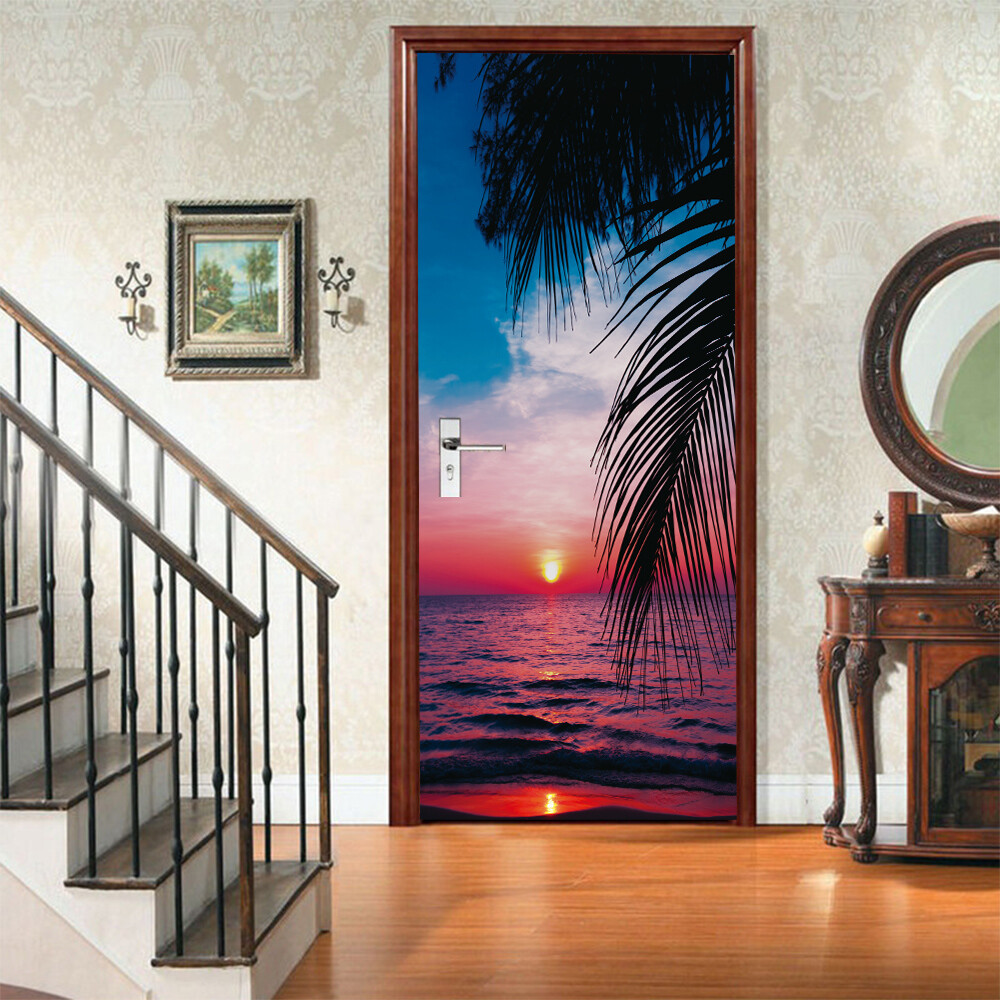 3D Wall Art Summer Beach Palm Trees Door Sticker Decal Self-adhesive Wrap Mural