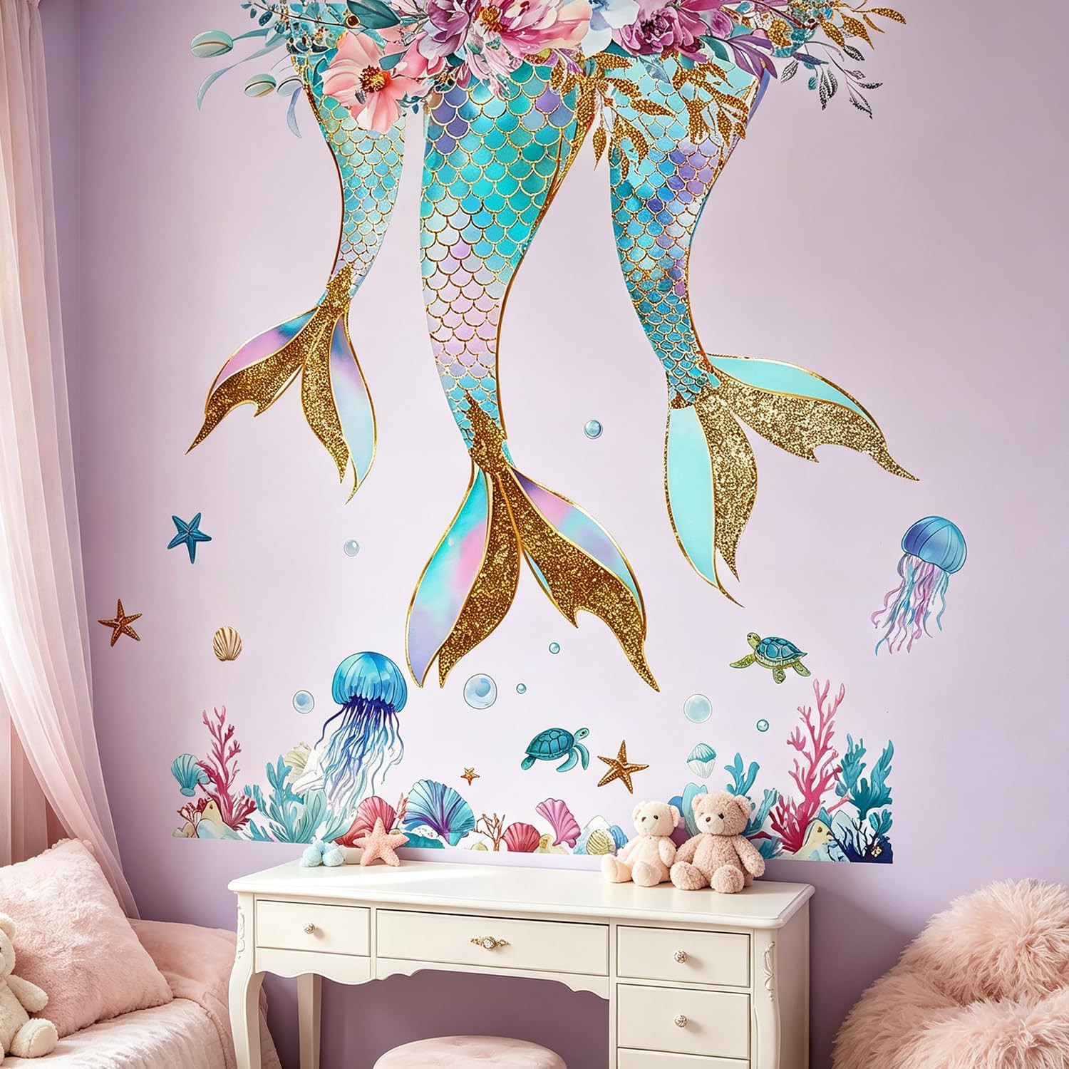 Mermaid Ocean Jellyfish Starfish Nursery Wall Decals – Removable Peel and Stick