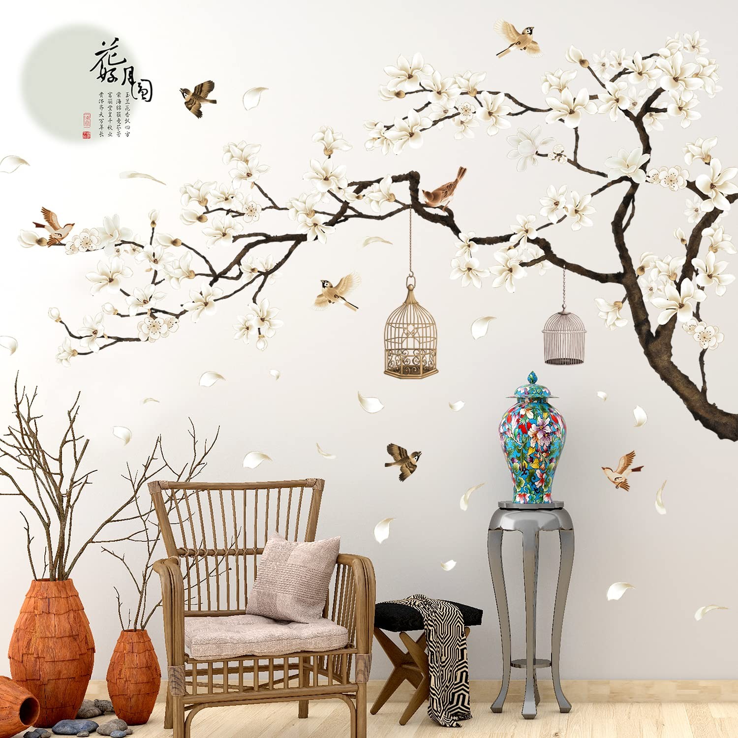 Amaonm Chinese Style White Flowers Black Tree and Flying Birds Wall Stickers Rem