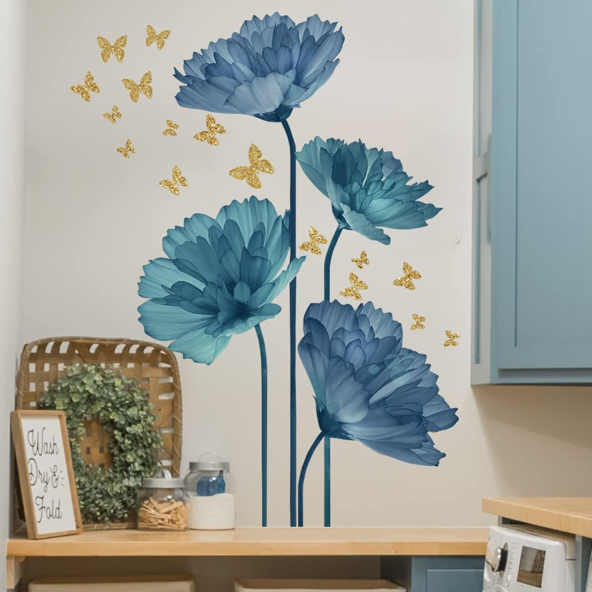 Large Blue Flower and Butterfly Wall Decals for Home Decor