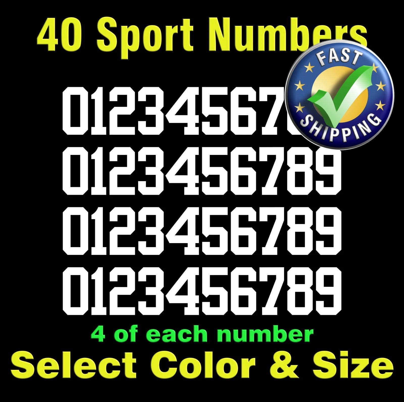 0-9 Numbers Vinyl Sticker Decal Sheet 40 ea Sport Font Size 2.5" – 4" – YRBF