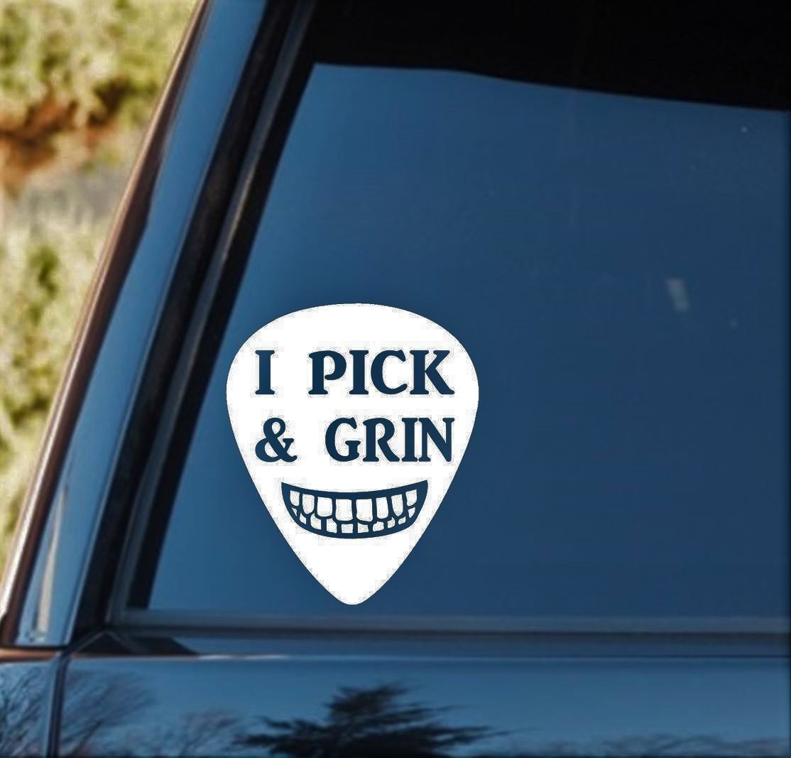 M1056 Pick & Grin Smile Guitar Shaped Decal Sticker Bluegrass Folk Music Laptop
