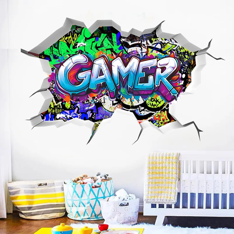 3D Broken Wall Gaming Controller Vinyl Sticker Kids Room Boy Bedroom Decor