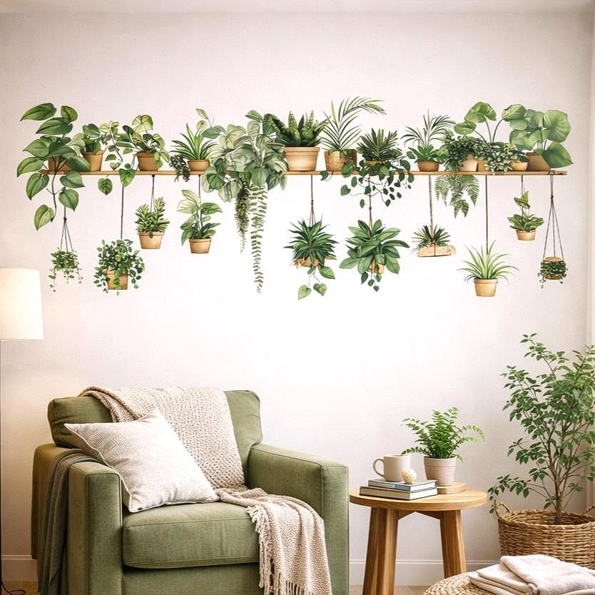 Indoor Plant Shelf Wall Decal | Potted Greenery Mural