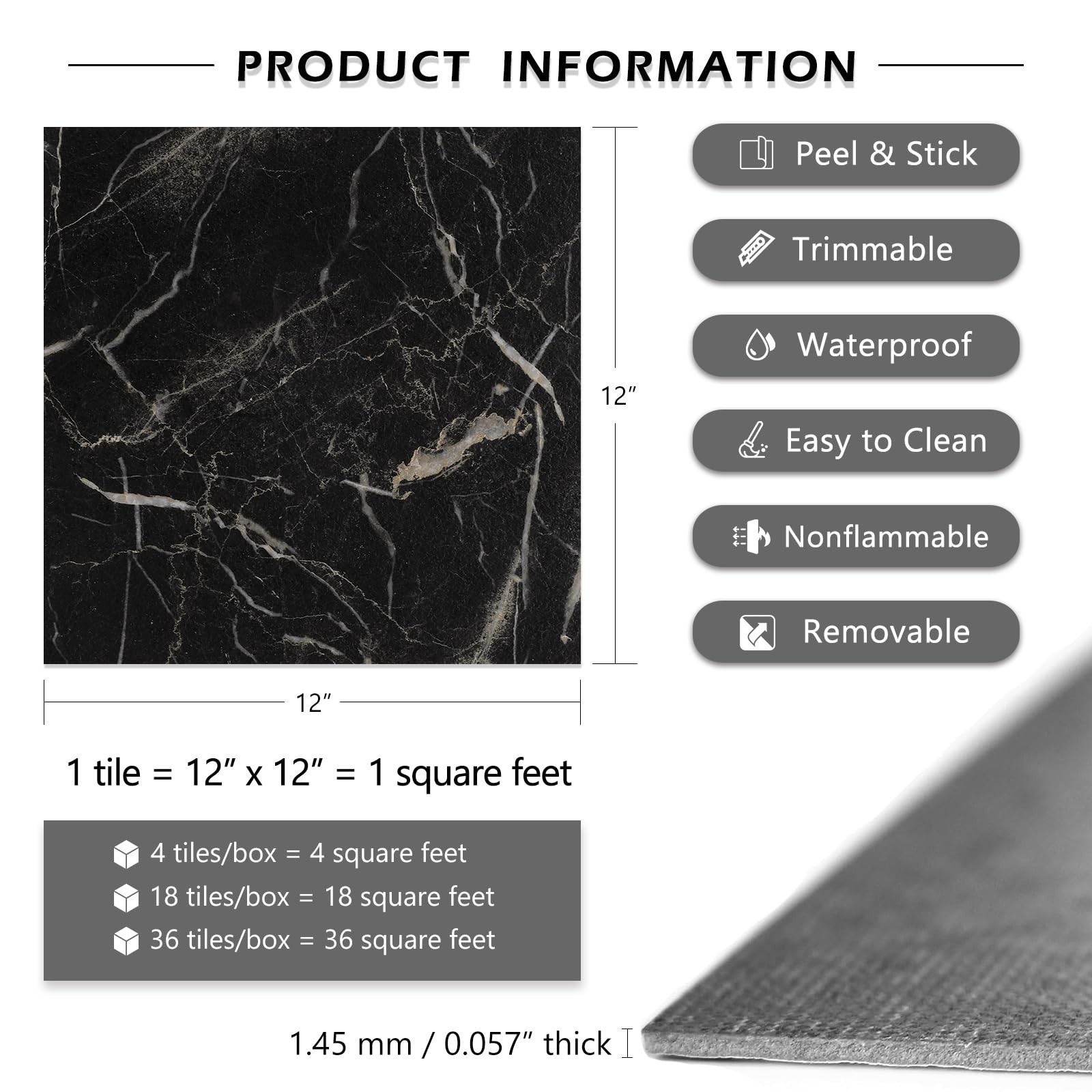 LaCheery 12×12 Peel and Stick Floor Tile Waterproof Bathroom Black Marble Pee…