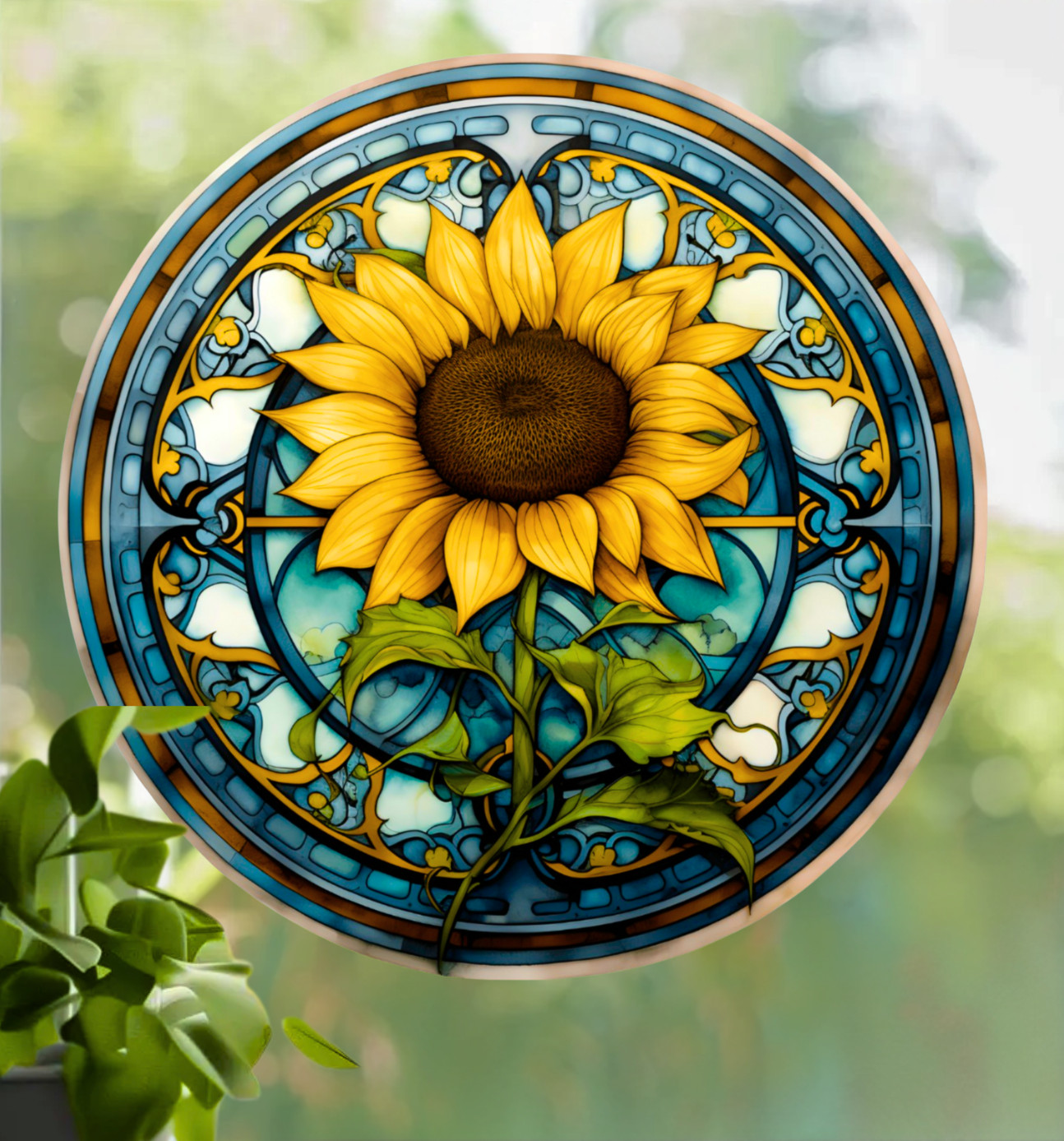 Sunflower Faux Stained-Glass WINDOW CLING Sun-catcher Size 8" Round Vinyl